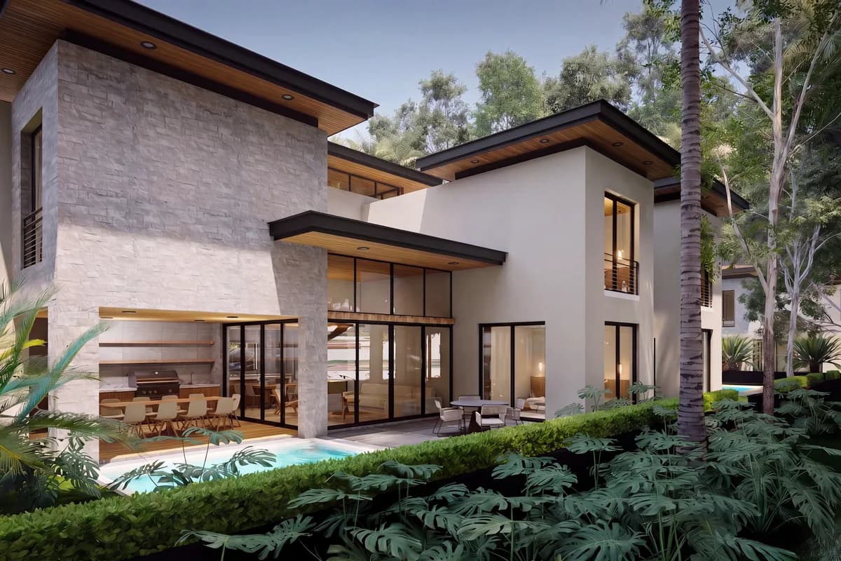 Architectural visualization of apartment buildings and gardens at Sueños del Mar.