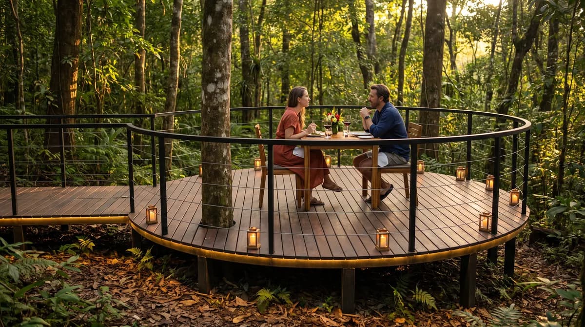 Architectural visualization of the El Nido platform among trees in Guacamayos Forest at Sueños del Mar.
